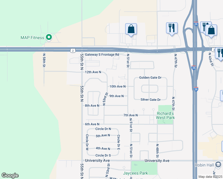map of restaurants, bars, coffee shops, grocery stores, and more near 5242-5298 10th Avenue North in Grand Forks