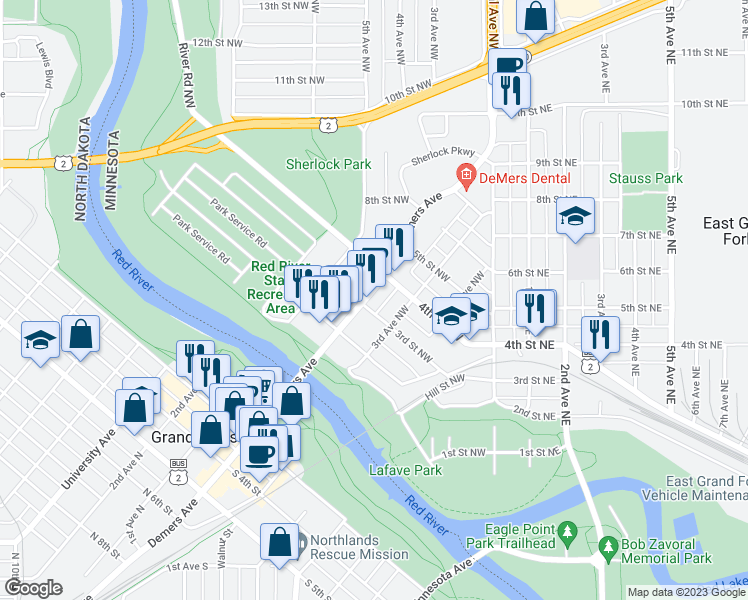 map of restaurants, bars, coffee shops, grocery stores, and more near 306 Demers Avenue in East Grand Forks