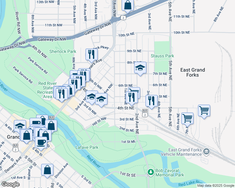 map of restaurants, bars, coffee shops, grocery stores, and more near 515 Central Avenue Northwest in East Grand Forks