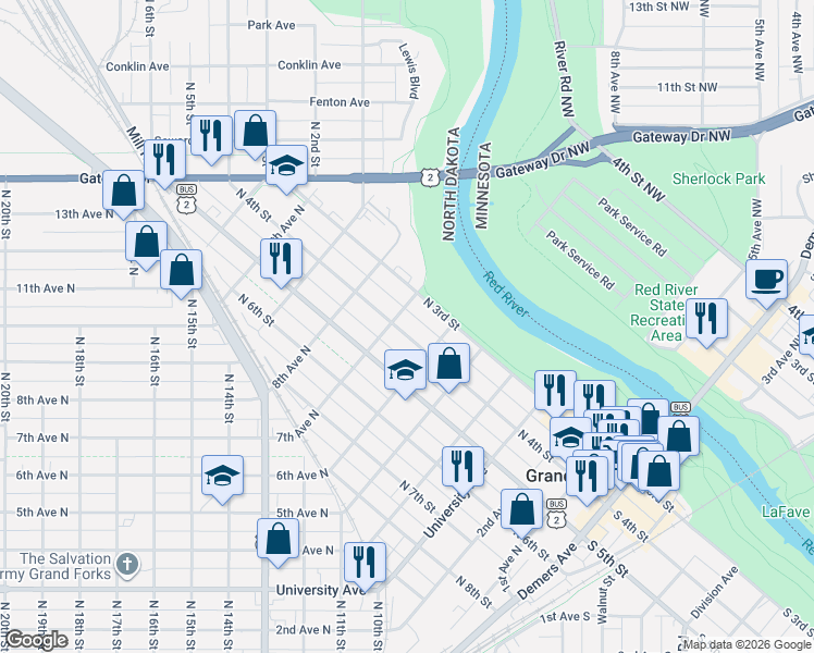map of restaurants, bars, coffee shops, grocery stores, and more near 628 North 4th Street in Grand Forks