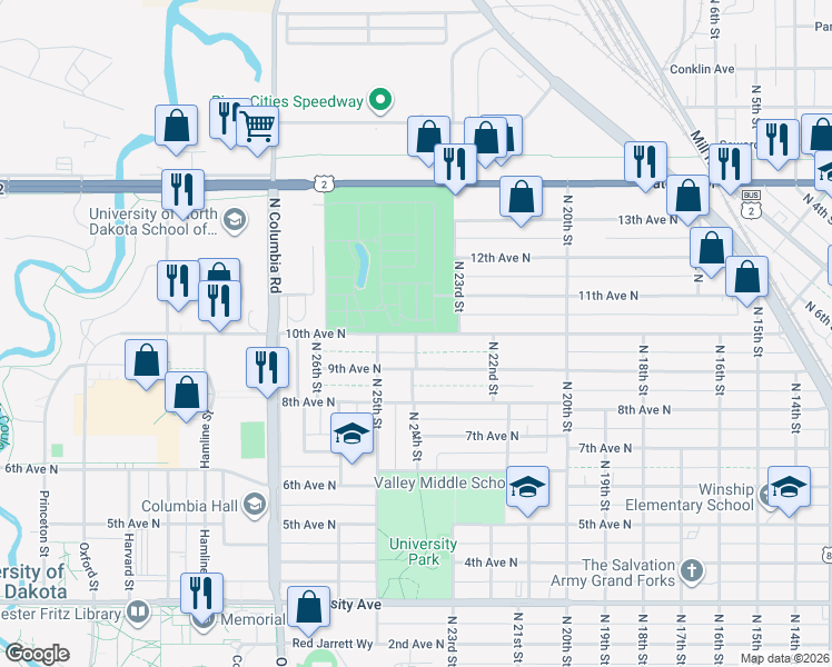 map of restaurants, bars, coffee shops, grocery stores, and more near 2400 10th Avenue North in Grand Forks