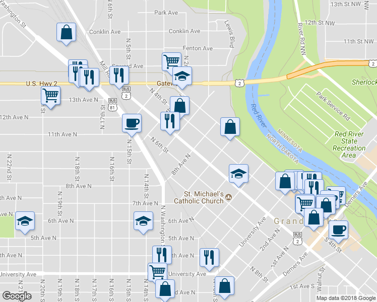 map of restaurants, bars, coffee shops, grocery stores, and more near 801 North 5th Street in Grand Forks