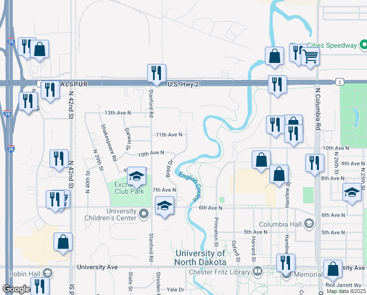 map of restaurants, bars, coffee shops, grocery stores, and more near 1015 Boyd Drive in Grand Forks