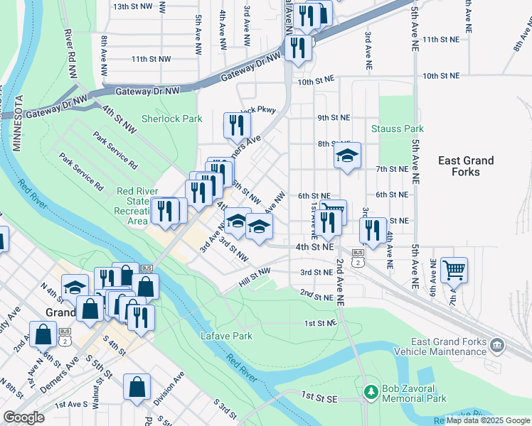 map of restaurants, bars, coffee shops, grocery stores, and more near 204 5th Street Northwest in East Grand Forks