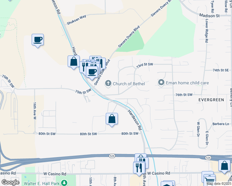 map of restaurants, bars, coffee shops, grocery stores, and more near 703 Veralene Way Southwest in Everett