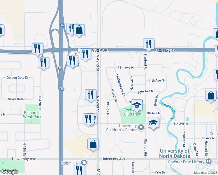 map of restaurants, bars, coffee shops, grocery stores, and more near 1108 North 39th Street in Grand Forks