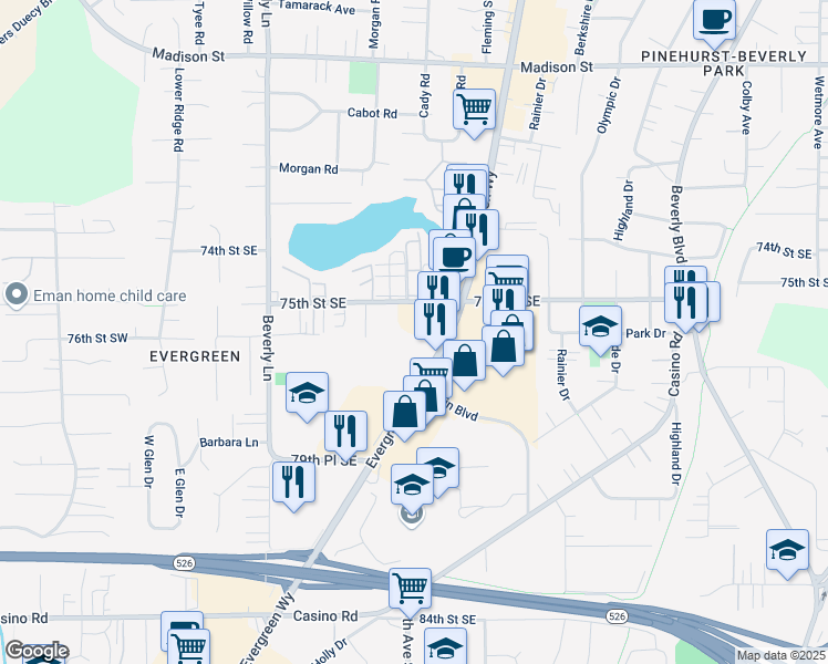 map of restaurants, bars, coffee shops, grocery stores, and more near 714 75th Street Southeast in Everett