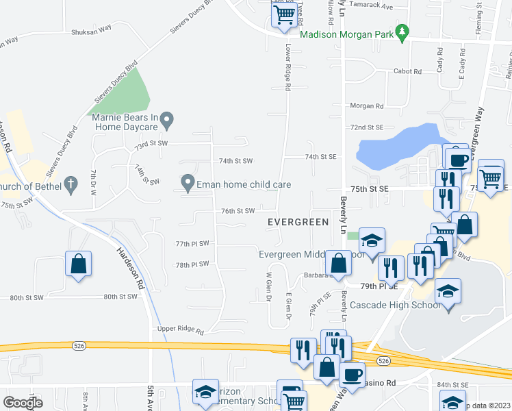 map of restaurants, bars, coffee shops, grocery stores, and more near 5 76th Street Southeast in Everett