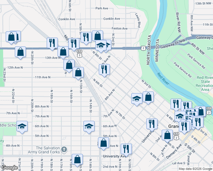 map of restaurants, bars, coffee shops, grocery stores, and more near 525 9th Avenue North in Grand Forks