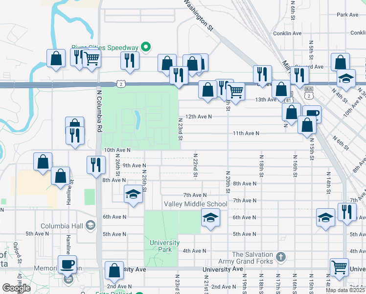 map of restaurants, bars, coffee shops, grocery stores, and more near 1008 North 23rd Street in Grand Forks