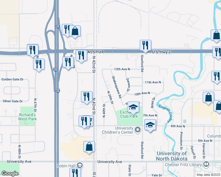 map of restaurants, bars, coffee shops, grocery stores, and more near 1108 North 39th Street in Grand Forks