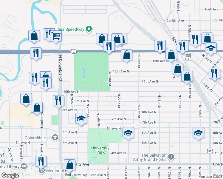 map of restaurants, bars, coffee shops, grocery stores, and more near 1002 North 23rd Street in Grand Forks