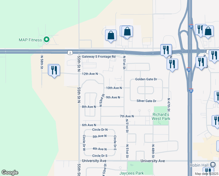 map of restaurants, bars, coffee shops, grocery stores, and more near 5242 10th Avenue North in Grand Forks
