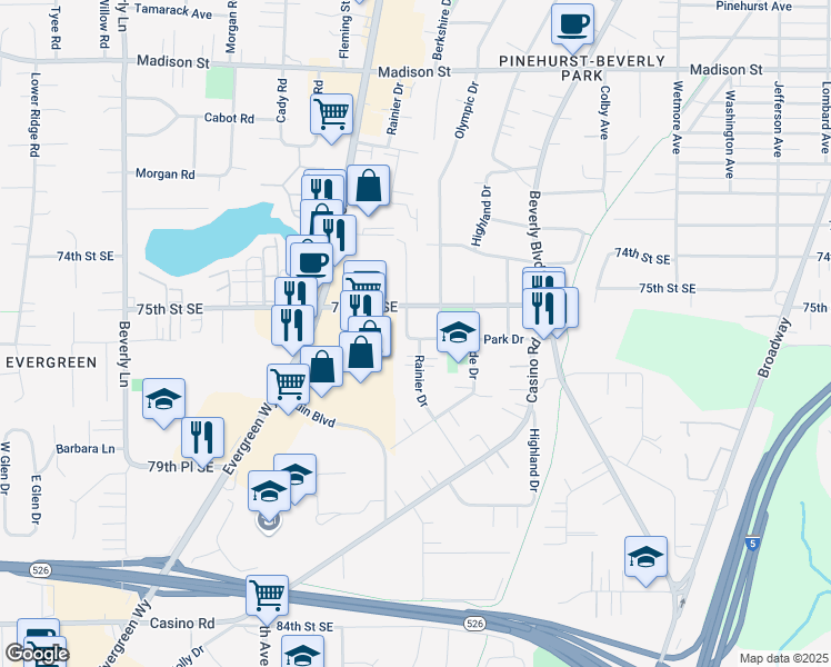 map of restaurants, bars, coffee shops, grocery stores, and more near 7529 Rainier Drive in Everett
