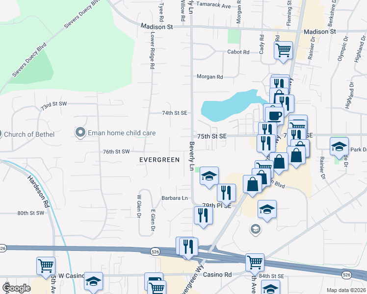 map of restaurants, bars, coffee shops, grocery stores, and more near 211 76th Street Southeast in Everett