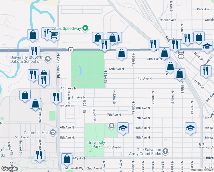 map of restaurants, bars, coffee shops, grocery stores, and more near 1002 North 23rd Street in Grand Forks
