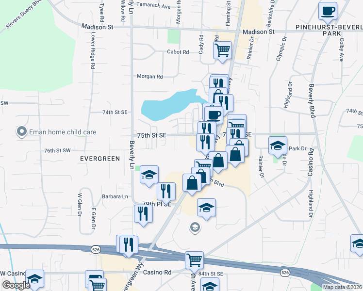 map of restaurants, bars, coffee shops, grocery stores, and more near 618 75th Street Southeast in Everett