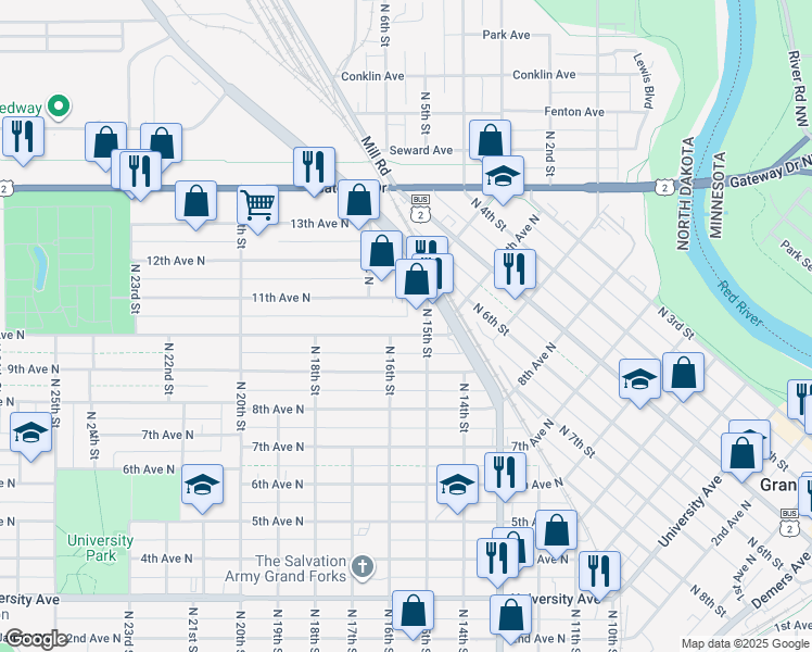map of restaurants, bars, coffee shops, grocery stores, and more near 1516 10th Avenue North in Grand Forks
