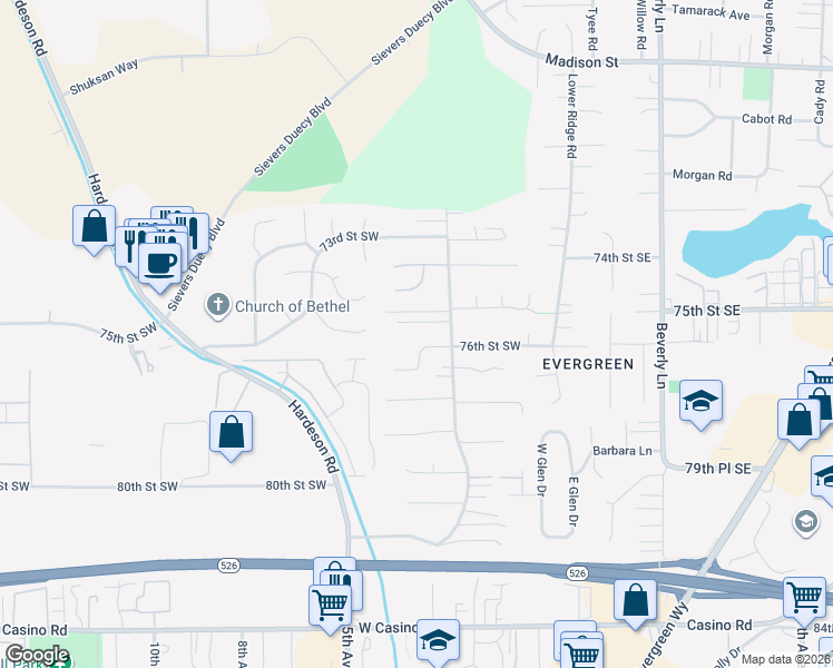 map of restaurants, bars, coffee shops, grocery stores, and more near 303 76th Street Southeast in Everett