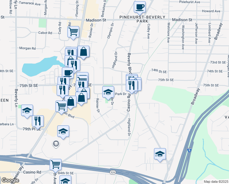 map of restaurants, bars, coffee shops, grocery stores, and more near 1315 Park Drive in Everett