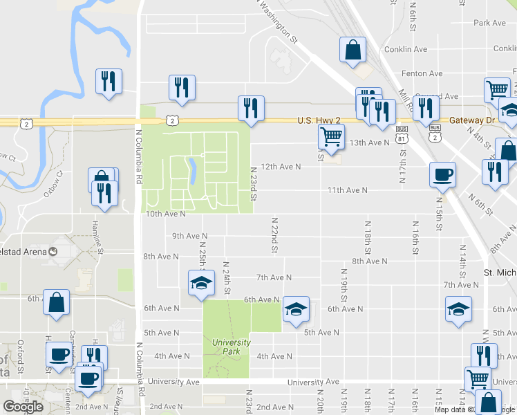 map of restaurants, bars, coffee shops, grocery stores, and more near 1008 North 23rd Street in Grand Forks