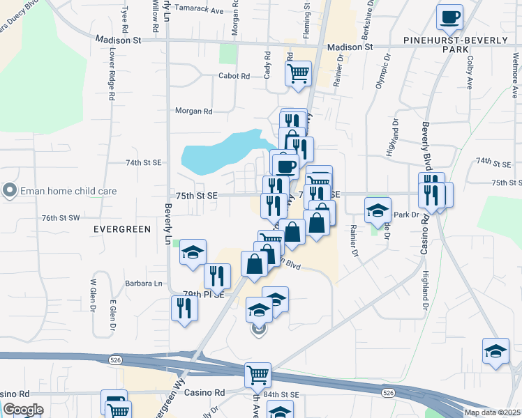 map of restaurants, bars, coffee shops, grocery stores, and more near 714 75th Street Southeast in Everett