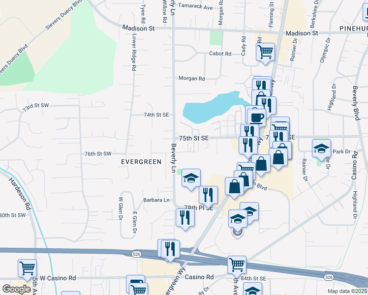 map of restaurants, bars, coffee shops, grocery stores, and more near 313 76th Street Southeast in Everett