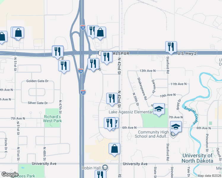 map of restaurants, bars, coffee shops, grocery stores, and more near 935 North 42nd Street in Grand Forks