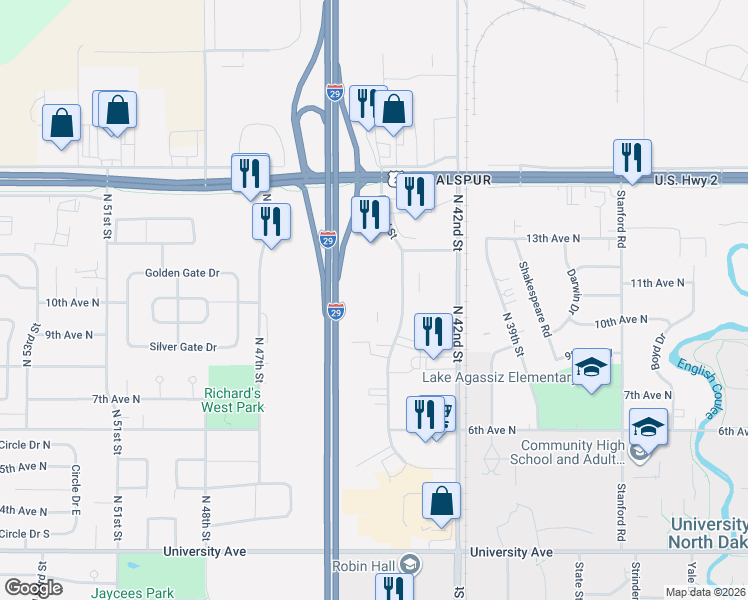 map of restaurants, bars, coffee shops, grocery stores, and more near 1015 North 43rd Street in Grand Forks