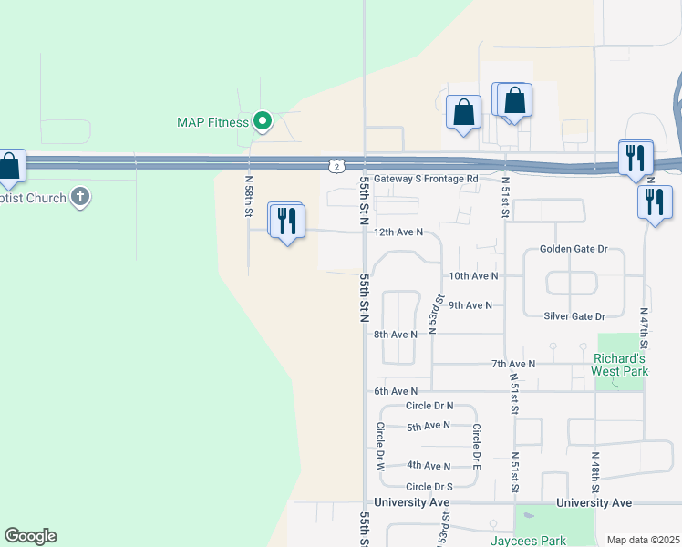 map of restaurants, bars, coffee shops, grocery stores, and more near 5566 10th Avenue North in Grand Forks