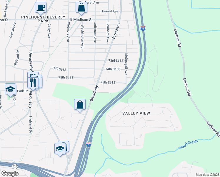 map of restaurants, bars, coffee shops, grocery stores, and more near 2320 75th Street Southeast in Everett