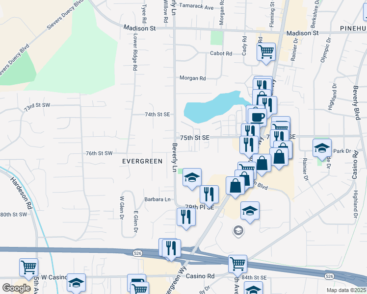 map of restaurants, bars, coffee shops, grocery stores, and more near 313 76th Street Southeast in Everett