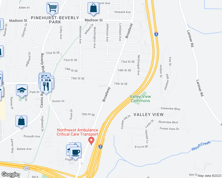 map of restaurants, bars, coffee shops, grocery stores, and more near 7515 Broadway in Everett