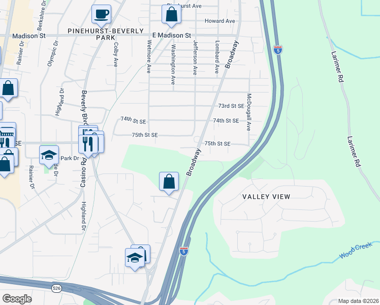 map of restaurants, bars, coffee shops, grocery stores, and more near 7510 Broadway in Everett