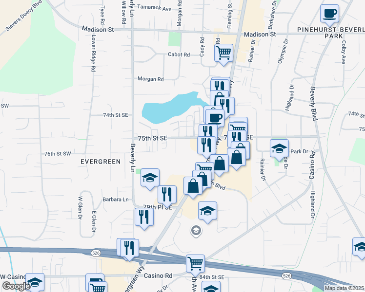 map of restaurants, bars, coffee shops, grocery stores, and more near 524 75th Street Southeast in Everett