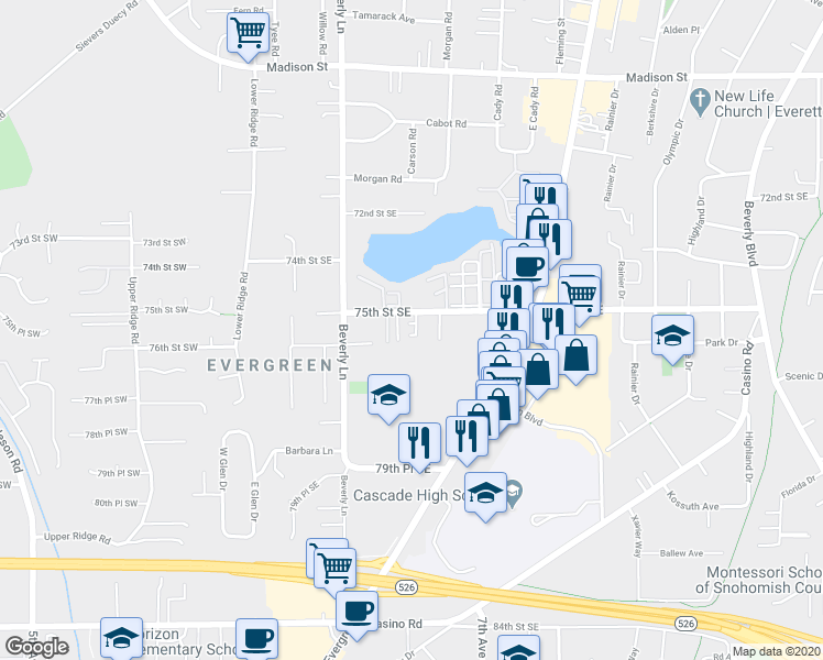 map of restaurants, bars, coffee shops, grocery stores, and more near 426 75th Street Southeast in Everett