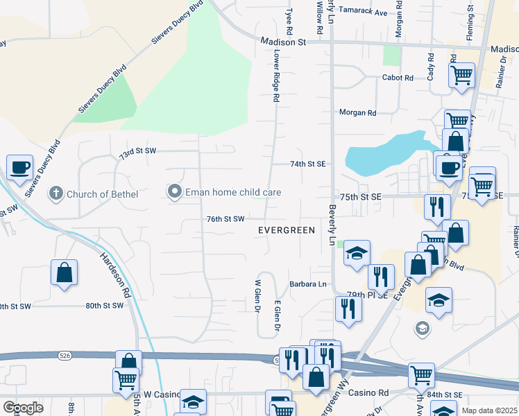 map of restaurants, bars, coffee shops, grocery stores, and more near 13 76th Street Southeast in Everett