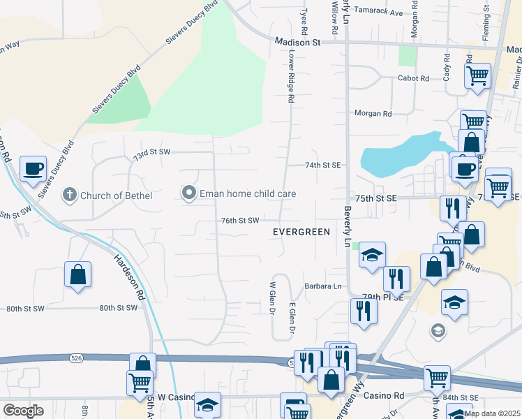 map of restaurants, bars, coffee shops, grocery stores, and more near 13 76th Street Southeast in Everett