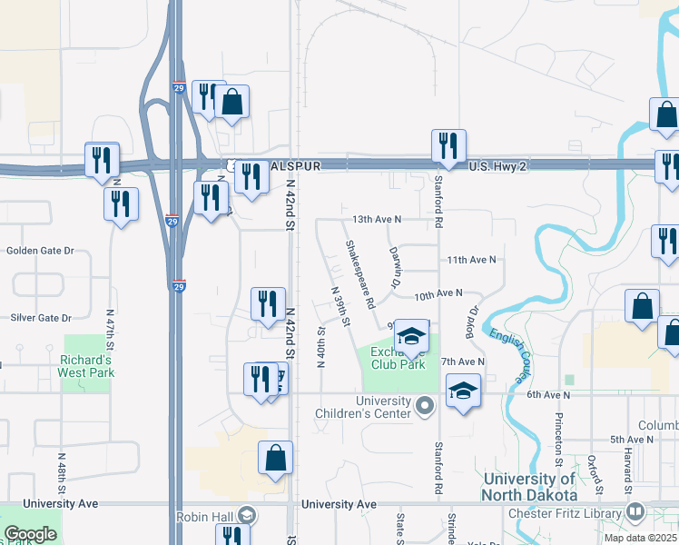 map of restaurants, bars, coffee shops, grocery stores, and more near 1108 North 39th Street in Grand Forks