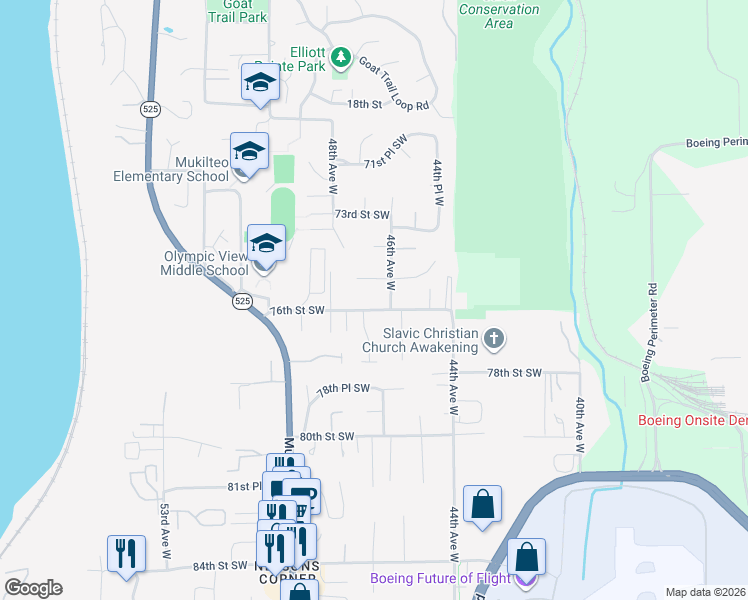 map of restaurants, bars, coffee shops, grocery stores, and more near 4613 76th Street Southwest in Mukilteo