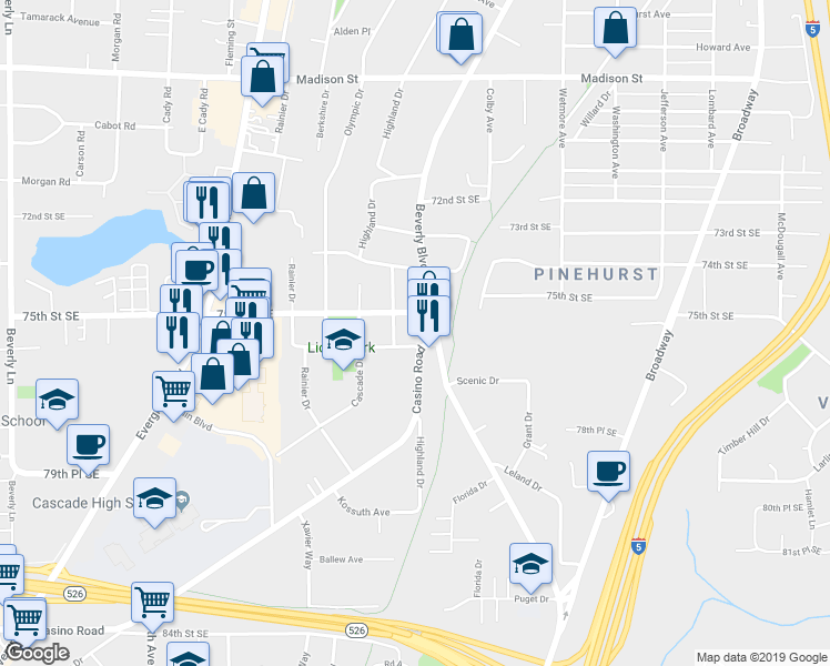 map of restaurants, bars, coffee shops, grocery stores, and more near 7526 East Casino Road in Everett