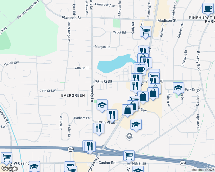 map of restaurants, bars, coffee shops, grocery stores, and more near 426 75th Street Southeast in Everett