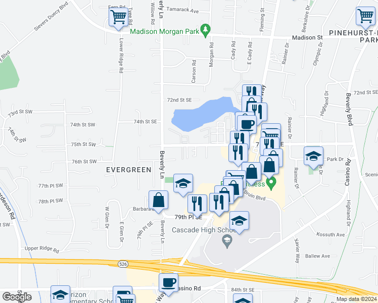 map of restaurants, bars, coffee shops, grocery stores, and more near 426 75th Street Southeast in Everett