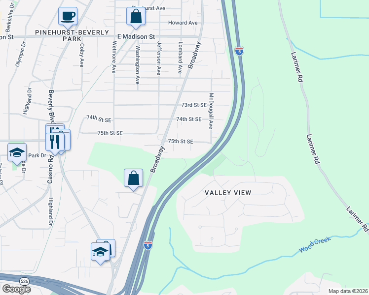map of restaurants, bars, coffee shops, grocery stores, and more near 2312 75th Street Southeast in Everett