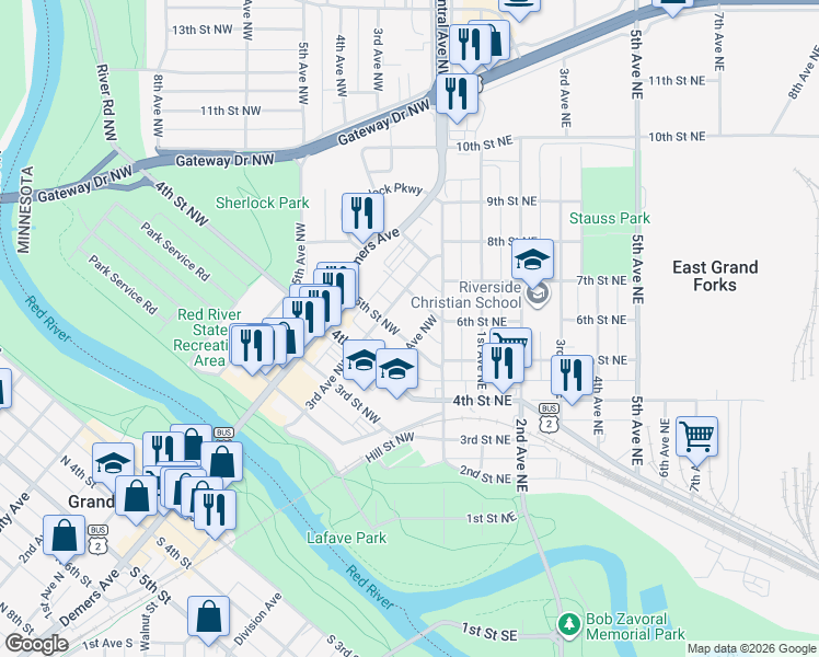 map of restaurants, bars, coffee shops, grocery stores, and more near 204 5th Street Northwest in East Grand Forks