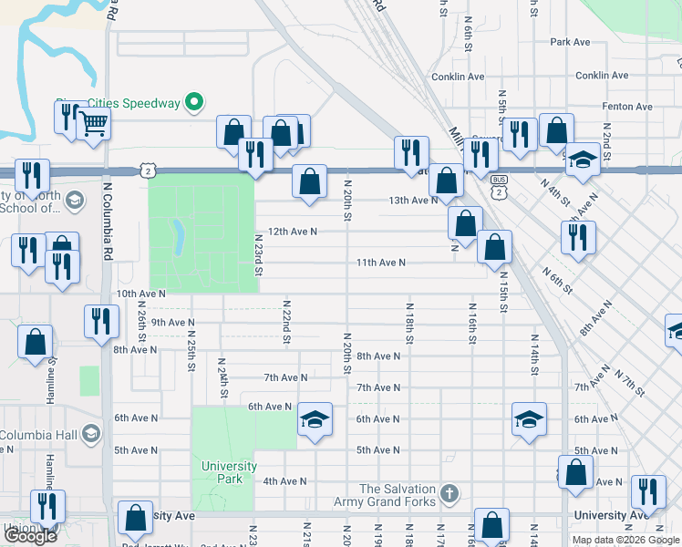 map of restaurants, bars, coffee shops, grocery stores, and more near 2010 10th Avenue North in Grand Forks