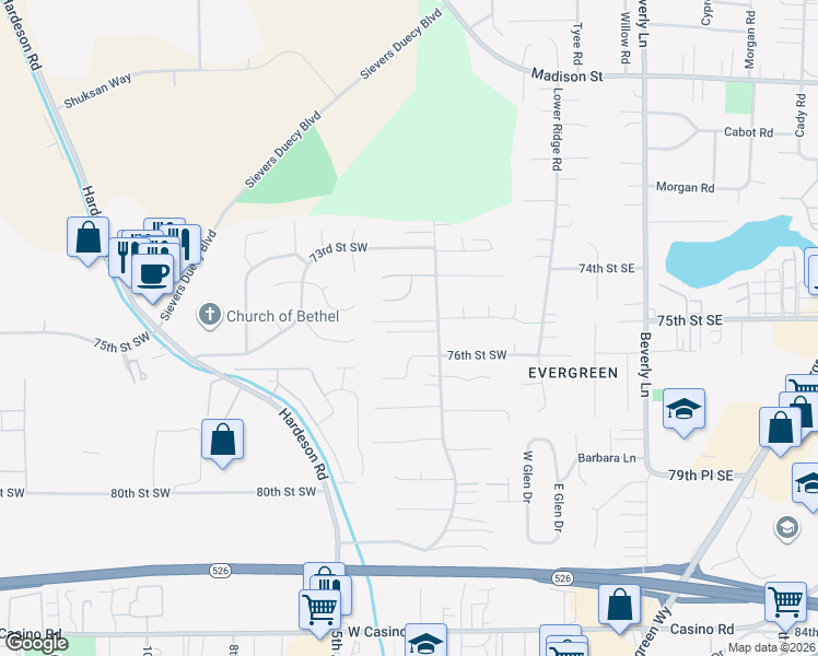 map of restaurants, bars, coffee shops, grocery stores, and more near 303 76th Street Southeast in Everett