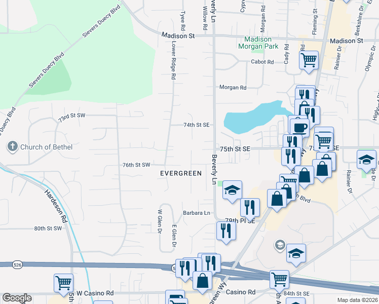 map of restaurants, bars, coffee shops, grocery stores, and more near 7520 Tyee Road in Everett
