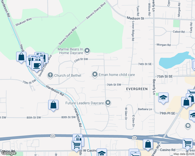 map of restaurants, bars, coffee shops, grocery stores, and more near 303 76th Street Southeast in Everett