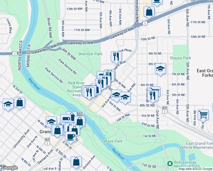 map of restaurants, bars, coffee shops, grocery stores, and more near 401 Demers Avenue in Grand Forks